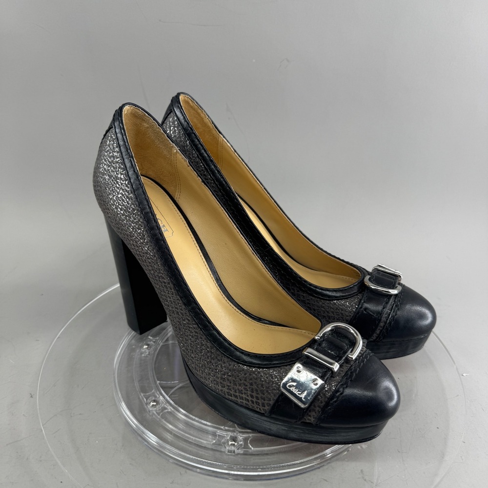 Coach Womens Snakeskin Embossed Leather Buckle Platform Block Heel Pumps Grey 8